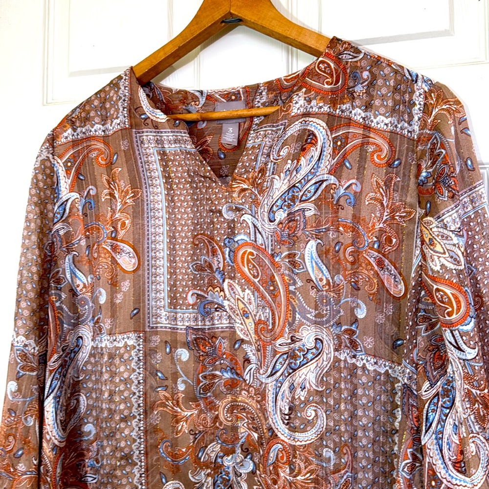 Chico’s Parsley Print Brown Top Size 3 Excellent Condition
